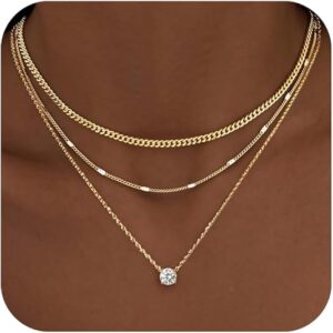 WomenGifts Layered Gold Necklaces for Women, 14K Gold Sterling Silver Plated Dainty Pendant Necklace Set with Cubic Zirconia Circle, Chunky Stackable Cuban Chain Choker, Trendy Personalized Birthstone Jewelry Gift Non Tarnish