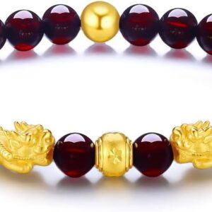 24K Solid Gold Bracelet for Women, Real Pure Gold Jewelry Fortune Pixiu Beads Garnet Beaded Bracelet for Men