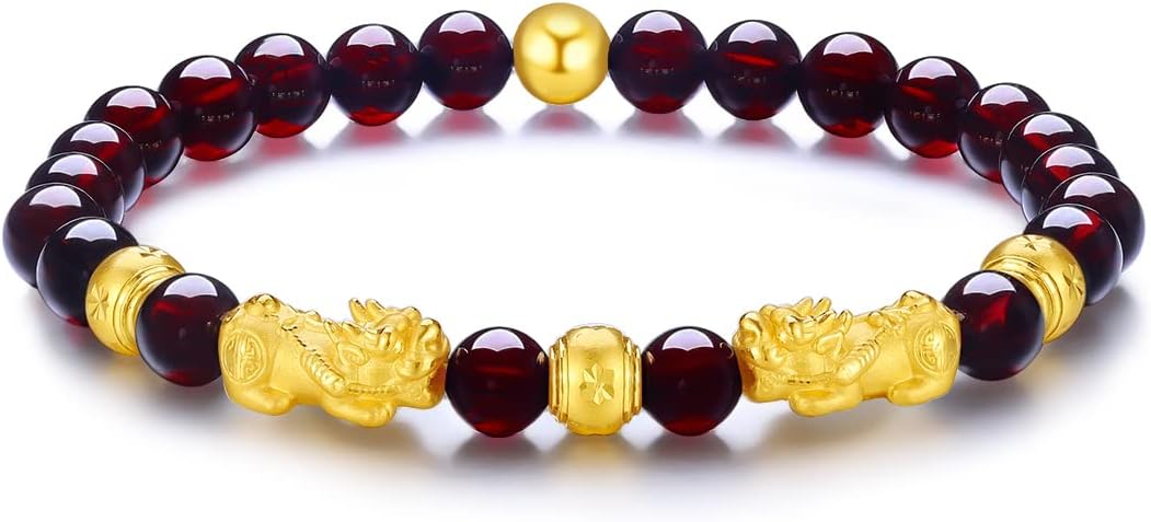 24K Solid Gold Bracelet for Women, Real Pure Gold Jewelry Fortune Pixiu Beads Garnet Beaded Bracelet for Men - Image 2