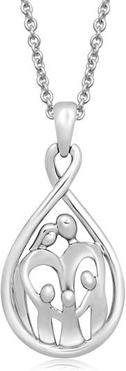 Jewelili Sterling Silver or Rose or Yellow Gold over Silver Family Pendant Necklace 18 Inches Cable Chain