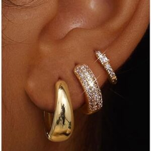 LOLIAS Small 14K Gold Plated Chunky Hoop Earrings for Women Hypoallergenic Silver Earrings Set for Sensitive Ears Non Tarnish Huggie Hoops Earring Stacks for Multiple Piercing Jewelry Lightweight 3Pairs