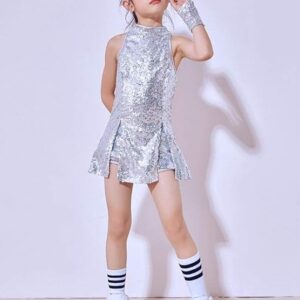 LOLANTA Girls Sequins Dance Clothes Dress 4-12 Yrs Sparkle Hip Hop Jazz Dance Outfit, Sleeveless Top and Shorts