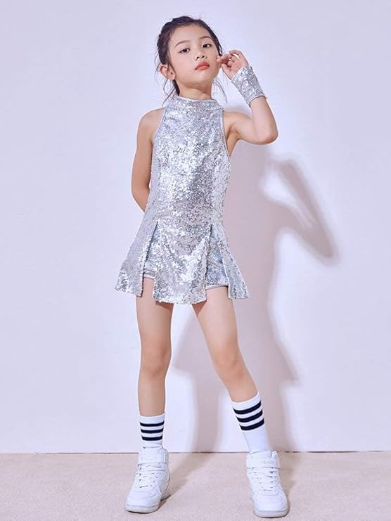 LOLANTA Girls Sequins Dance Clothes Dress 4-12 Yrs Sparkle Hip Hop Jazz Dance Outfit, Sleeveless Top and Shorts - Image 2