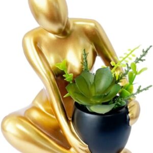 Senea Kay Modern Abstract Statue with Removable Faux Succulents Plants – Resin Figurine Home Decor Accents, Coffee Table Shelf Styling. Collectible Art Luxury Gift Items Woman thinker sculpture (Gold)
