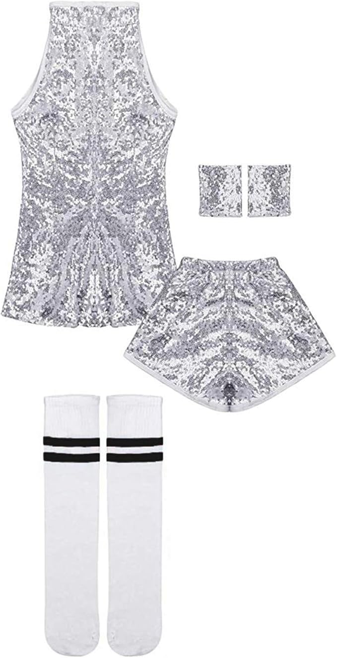 LOLANTA Girls Sequins Dance Clothes Dress 4-12 Yrs Sparkle Hip Hop Jazz Dance Outfit, Sleeveless Top and Shorts - Image 3