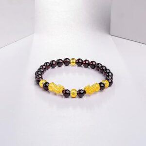 24K Solid Gold Bracelet for Women, Real Pure Gold Jewelry Fortune Pixiu Beads Garnet Beaded Bracelet for Men