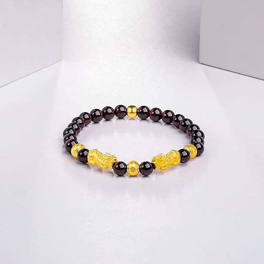 24K Solid Gold Bracelet for Women, Real Pure Gold Jewelry Fortune Pixiu Beads Garnet Beaded Bracelet for Men