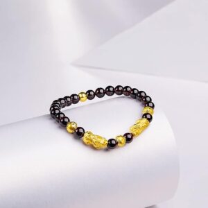 24K Solid Gold Bracelet for Women, Real Pure Gold Jewelry Fortune Pixiu Beads Garnet Beaded Bracelet for Men