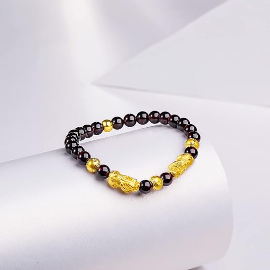24K Solid Gold Bracelet for Women, Real Pure Gold Jewelry Fortune Pixiu Beads Garnet Beaded Bracelet for Men - Image 7