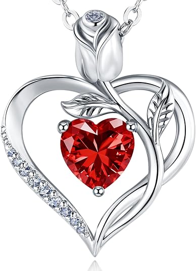 1.2CT Rose Heart Necklace Option of Moissanite or Lab-Grown Sapphire Ruby Emerald&More Necklace for Women Birthstone Girlfriend Necklace S925 Sterling Silver 18K White/Rose Gold Plated D Color VVS1 Gift for Wife Mother Daughter for Birthday Anniversary Valentine's Day Engraved 'I LOVE YOU'