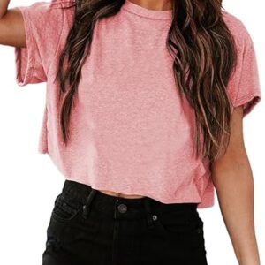 Tankaneo Women Short Sleeve Cropped T-Shirts Crew Neck Loose Crop Tops Summer Casual Drop Shoulder Basic Tees