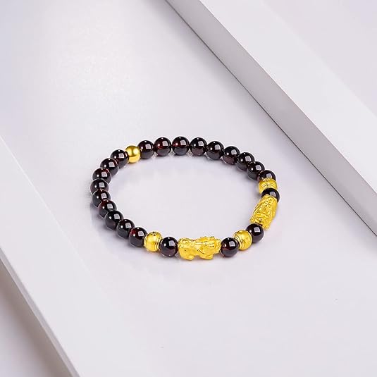 24K Solid Gold Bracelet for Women, Real Pure Gold Jewelry Fortune Pixiu Beads Garnet Beaded Bracelet for Men - Image 3