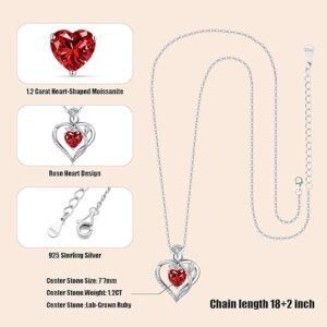 1.2CT Rose Heart Necklace Option of Moissanite or Lab-Grown Sapphire Ruby Emerald&More Necklace for Women Birthstone Girlfriend Necklace S925 Sterling Silver 18K White/Rose Gold Plated D Color VVS1 Gift for Wife Mother Daughter for Birthday Anniversary Valentine's Day Engraved 'I LOVE YOU'