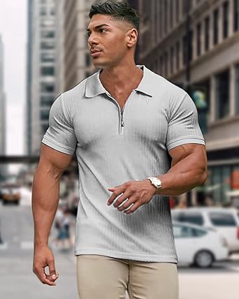 Muscle Polo Shirts for Men Slim Fit Textured Knit Polo Shirts Short Sleeve Mens Collared Shirts Casual Stylish - Image 2