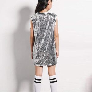 LOLANTA Girls Hip Hop Dance Clothes Kids Jersey Sequin Dress Long Tank Top Jazz Costume Cheerleading T-Shirt
