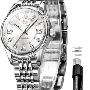 OLEVS Automatic Watches for Women Luxury Stainless Steel Gold and Silver Diamond Mechanical Dress Self Winding Date Waterproof Wrsit Watches for Ladies