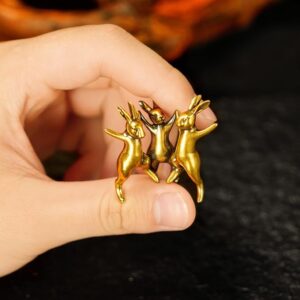 CHOVY Dancing Rabbits Trio - 100% Solid Brass Sculpture, Vintage Whimsical Home Decor, Interlocking Joyful Bunny Figurine for Easter & Spring, Unique Gift Idea, Handcrafted Collectible Art Piece