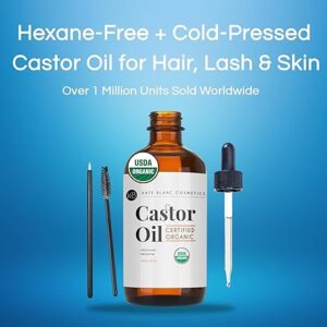 Kate Blanc Cosmetics Castor Oil Organic for Hair, Lashes, Face (2oz), 100% Pure, Cold Pressed, Hexane Free Hair Oil. Lash Serum for Thicker-Looking Eyelashes & Eyebrows