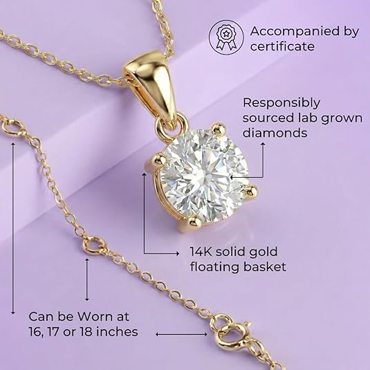 Lab Grown Diamond Necklace For Women | 1/4 - 2 Carat | Premium GH Color VS - SI Clarity Diamonds Certified by Gemologists | 14K Solid White & Yellow Gold Pendant | 16 -18 Inch Adjustable Gold Chain - Image 2