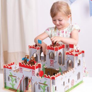 Bigjigs Toys King George's Castle Wooden Toy for Kids Age 3+ | Working Slot-Together Fort with Drawbridge, Balconies & Doors | Medieval Wood Toys...