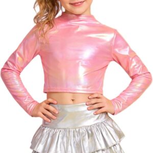 LOLANTA Metallic Dance Tops for Girls Long Sleeve Cropped Y2K Top Shiny Disco Streetwear Rave Party Festivals Costumes