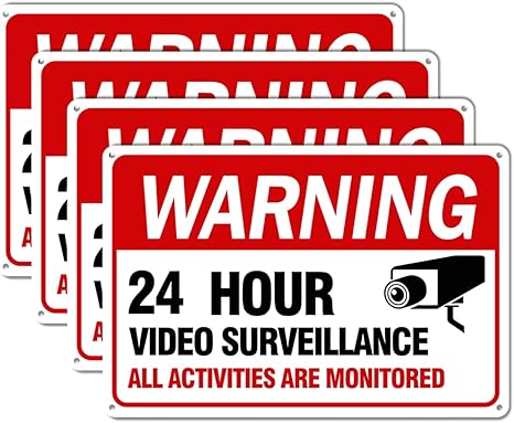 Video Surveillance Sign, 4-Pack 12"x 8" Security Camera Signs, Reflective and Waterproof Material 24 Hour Surveillance Sign For Home/Business