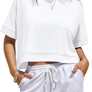 Fisoew Womens Oversized Crop Tops Workout Short Sleeve T Shirts Summer Casual Loose Fit Basic Tee Shirts with Pockets