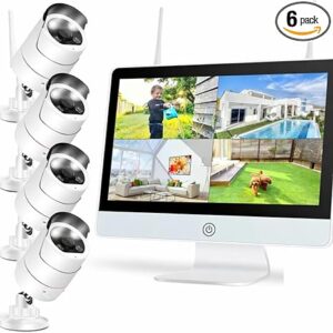 [8CH Expandable] 2K Wireless Home Security System, 12'' LCD Monitor with 3MP Corded Electric Powered Outdoor Bullet Cameras, Color Night Vision, Motion Detection Siren Alarm, IP66 with 1TB Hard Drive