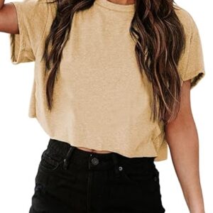 Tankaneo Women Short Sleeve Cropped T-Shirts Crew Neck Loose Crop Tops Summer Casual Drop Shoulder Basic Tees