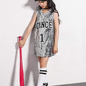 LOLANTA Girls Hip Hop Dance Clothes Kids Jersey Sequin Dress Long Tank Top Jazz Costume Cheerleading T-Shirt
