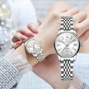OLEVS Automatic Watches for Women Luxury Stainless Steel Gold and Silver Diamond Mechanical Dress Self Winding Date Waterproof Wrsit Watches for Ladies