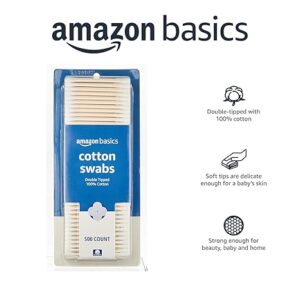 Amazon Basics Double-Tipped Cotton Swabs for Personal Hygiene and Baby Care, 100% Cotton, Versatile, Baby Safe, 500 Count