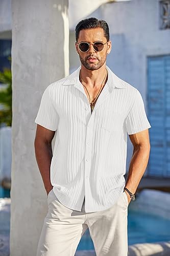COOFANDY Men's Casual Button Down Shirts Short Sleeve Textured Summer Beach Shirt with Pocket - Image 2
