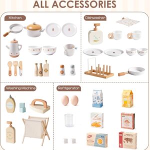 ROBUD Wooden Play Kitchen, 4-in-1 Kids Kitchen Playset with Fridge, Washing Machine, Dishwasher, Toddlers Role Play Kitchen Set Gift for Boys & Girls, Age 3+ (Caramel)