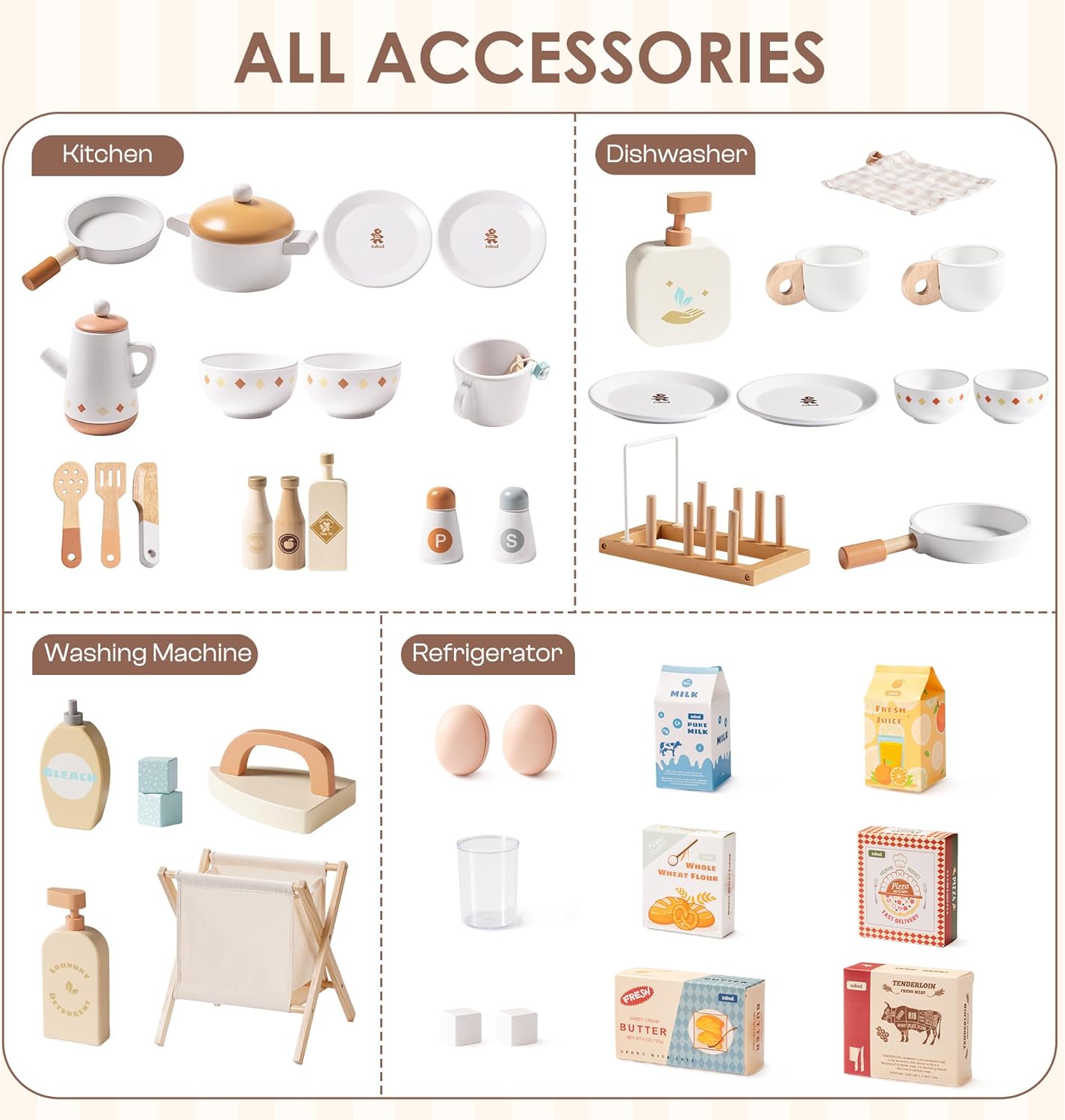 ROBUD Wooden Play Kitchen, 4-in-1 Kids Kitchen Playset with Fridge, Washing Machine, Dishwasher, Toddlers Role Play Kitchen Set Gift for Boys & Girls, Age 3+ (Caramel) - Image 3