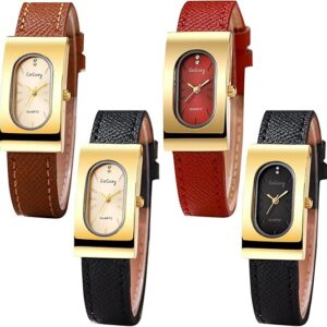 4 Pack Retro Vintage Square Watches for Women Gold Tone Case Crocodile Pattern Brown Black Red Leather Business Casual Dress Quartz Analog Wrist Watch Set