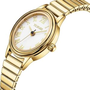 Small Gold Watches for Women, Easy to Read Dial Ladies Analog Watch, Oval Case, Stainless Steel Expansion Band, Waterproof Watch