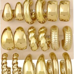 12 Pairs Chunky Gold Hoop Earrings for Women Trendy, Gold Plated Lightweight Hypoallergenic Stack, Thick Open Twisted Huggie Hoops Earring Set