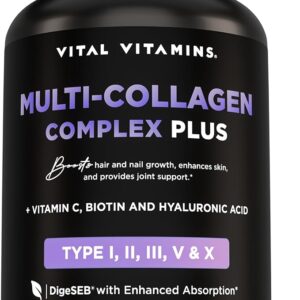 Vital Vitamins Multi Collagen Capsules with Biotin, Hyaluronic Acid, Vitamin C - Type I, II, III, V, X Peptides - Collagen Supplements for Men & Women - Hair, Skin, Nails Beauty Complex - 150 Count