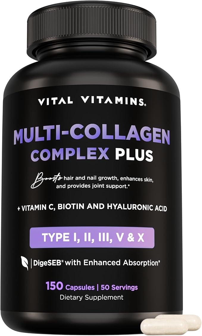Vital Vitamins Multi Collagen Capsules with Biotin, Hyaluronic Acid, Vitamin C - Type I, II, III, V, X Peptides - Collagen Supplements for Men & Women - Hair, Skin, Nails Beauty Complex - 150 Count