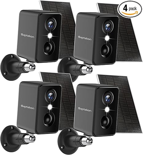 Septekon 2K Security Cameras Wireless Outdoor 4 Pack, Solar Battery Powered Camera with Two Spotlights, PIR Motion Detection Siren, Color Night Vision, 2-Way Audio, IP66 Waterpoof