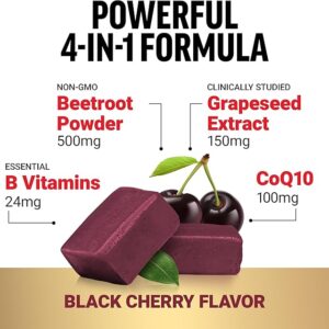 Force Factor Total Beets Ultimate Heart Health Chews for Blood Pressure Support, with Beetroot Powder, CoQ10, B Vitamins & Grapeseed Extract for Blood Flow & Energy, Black Cherry, 60 Soft Chews