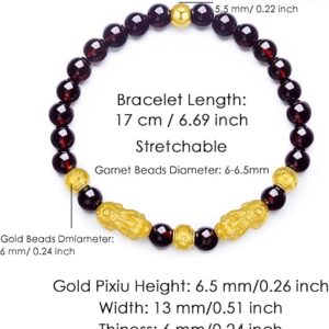 24K Solid Gold Bracelet for Women, Real Pure Gold Jewelry Fortune Pixiu Beads Garnet Beaded Bracelet for Men