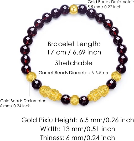24K Solid Gold Bracelet for Women, Real Pure Gold Jewelry Fortune Pixiu Beads Garnet Beaded Bracelet for Men - Image 4