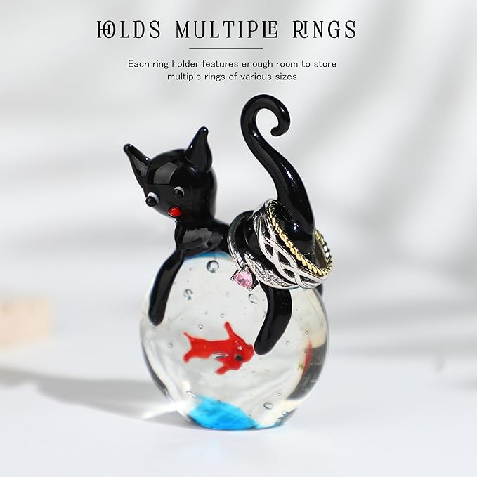 QFkris Blown Glass Black Cat Figurine, 1.6“ Mini Glass Animals Sculpture, Cat and Fish Art Collectible Figurines for Home Decor, Gift for Mom Cat-Lover Birthday - Image 3