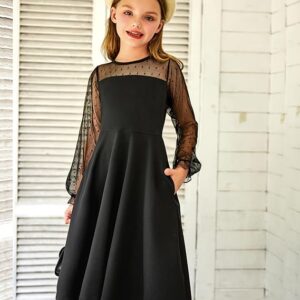 Arshiner Girl's Contrast Mesh Puff Long Sleeve High Waist A Line Short Dress with Pockets for 6-13 Years
