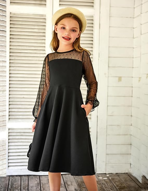 Arshiner Girl's Contrast Mesh Puff Long Sleeve High Waist A Line Short Dress with Pockets for 6-13 Years - Image 2