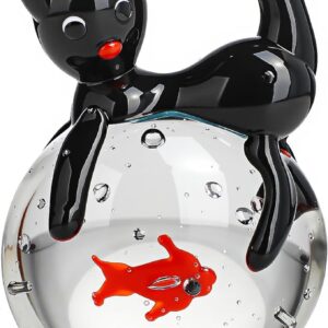 QFkris Blown Glass Black Cat Figurine, 1.6“ Mini Glass Animals Sculpture, Cat and Fish Art Collectible Figurines for Home Decor, Gift for Mom Cat-Lover Birthday