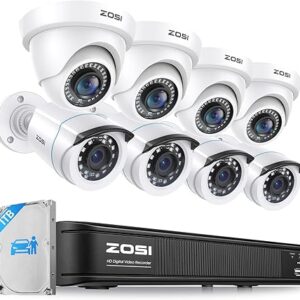 ZOSI 3K Lite Home Security Camera System with AI Human Vehicle Detection, H.265+ 8CH CCTV DVR and 8 x 1080p Wired Outdoor Indoor Bullet Dome Cameras, Remote Access, Alert Push (1TB Hard Drive)