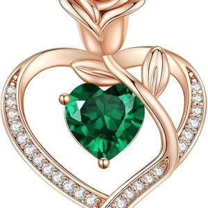 LOUISA SECRET Rose Flower Heart Birthstone Necklaces for Women, 925 Sterling Silver Fine Jewelry, Pendant Heart Necklaces Birthday Anniversary Christmas Gift for Women Wife Mom Girlfriend Lady